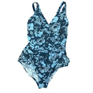 Jantzen Blue Floral Surplice Maillot One Piece Swimsuit Tummy Control Size 16